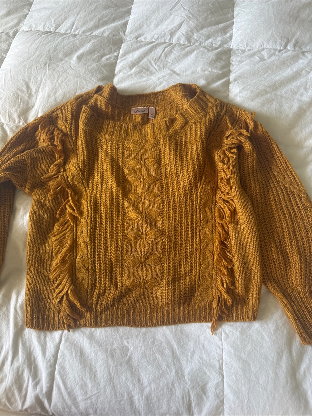 Mustard Fringe Cable-Knit Sweater - Women